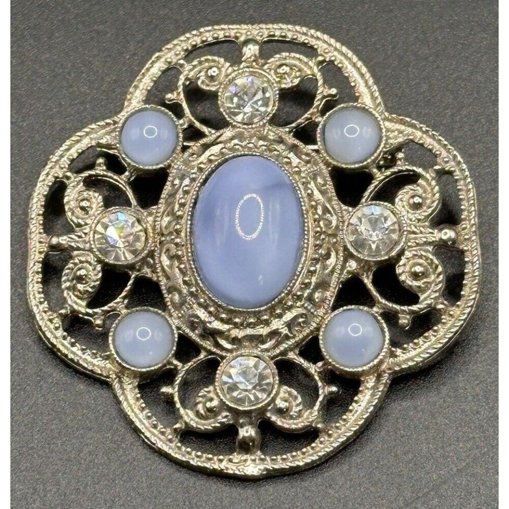 Moonstone Blue Glass & Rhinestone Silver Tone‎ Filigree Pin Brooch
